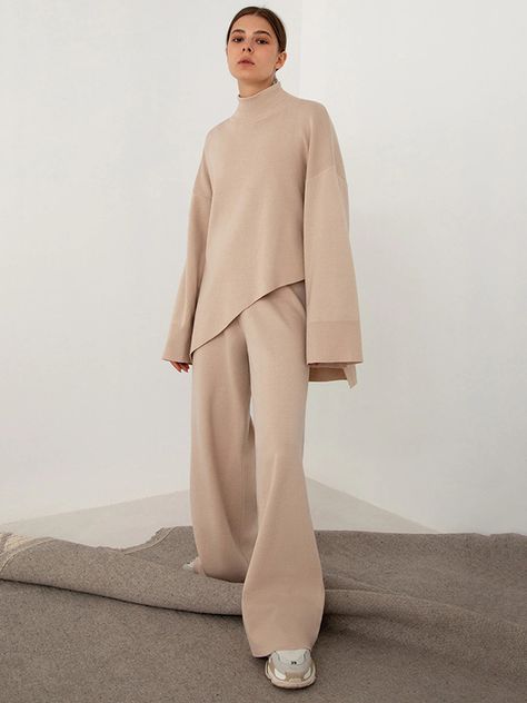 Athflow Style, Wide Leg Pant Suit, Knitted Suit, Asymmetrical Sweater, Solid Color Pants, Split Design, Top And Pants Set, High Neck Sweater, Hem Design