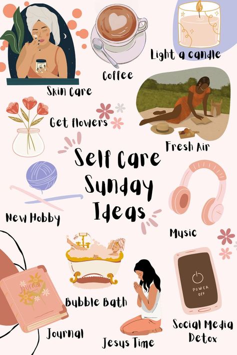 Self-care Sunday graphic. It depicts different activities you can do. Sunday Ideas, Effective Diet, Sunday Motivation, Self Care Bullet Journal, Mental And Emotional Health, Self Care Activities, Self Motivation, Self Care Routine, Self Improvement Tips