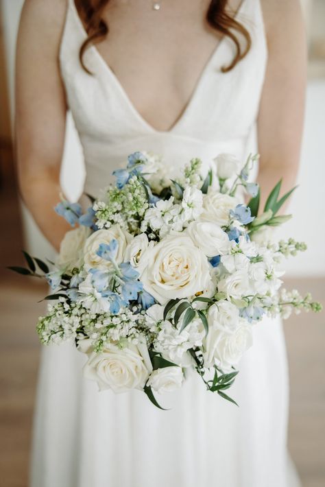 Bluegrass Chic | Classic White & Light Blue Wedding at The Alfond Inn light blue bridal bouquet Winter Wedding Bouquet Blue And White, Blue Wedding Theme Bouquet, Flowers For A Blue Wedding, Wedding Flowers With Dusty Blue, Wedding Flowers With Blue Dresses, Blue Floral Bouquet Wedding, White And Light Blue Wedding Bouquet, White Bridal Bouquet With Blue Accents, Bridal Bouquet Light Blue