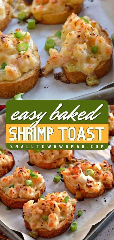 A must-try Thanksgiving appetizer! Everyone will love this finger food. Nestled in a rich, creamy sauce with a hint of Cajun spice, this baked shrimp toast recipe is delicious. You'll want this party snack for all your entertainment! Shrimp French Bread, Cajun Shrimp Toast, Shrimp Baguette, Baked Shrimp Toast, Bruschetta Ideas, Shrimp Bread, Shrimp Toast Recipe, Crab Appetizers, Crab Balls