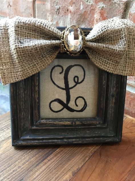 "Burlap Bow embroidered initial frame in dark barn wood is a 6\" x 6\" frame with jeweled detail is the perfect backdrop to a beautiful Brooke's Line embroidery. The fabric is a warm beige or a blueish green that compliments many neutral decors. Use it in your home or at your desk at work. This darling frame makes the perfect gift for hostesses, friends, engagements, weddings, teachers and holiday gifts. Any letter or monogram is available to order 1. And sellers notes please tell us what initia Burlap Monogram, Line Embroidery, Monogram Wall Decor, Blueish Green, Diy Monogram, Embroidered Initials, Burlap Bow, Personalized Baby Boy, Monogram Wall