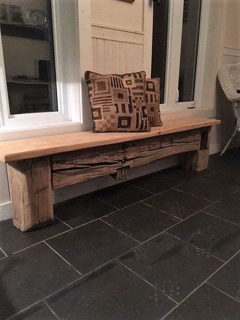 Made with probably the oldest beam i have , beautiful authentic look with a distressed uneven old barn plank showing its age . This bench can be use anywhere in your decor or at the table , will suit any style and lift up the entire room . This material is very rare by its age and method of hand making barn beams before the motor came . I would give its age around 1830 by knowledge of barns in eastern Ontario . A piece of history to have in your home and to pass on to your family , it will ... Old Beams Ideas, Barn Beam Bench, Barn Beam Ideas, Barnwood Bench, Barn Board Crafts, Barn Board Projects, Rustic Benches, Diy Wood Countertops, Rustic Wood Bench