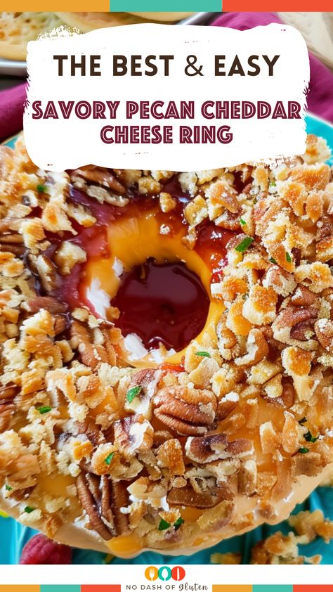 Savory Pecan Cheddar Cheese Ring Pecan Cheddar Cheese Ring, Pecan Appetizers, Cheese Ring With Strawberry Preserves, Best Spaghetti Recipe, Cheese Ring, Gluten Free Holiday Recipes, Gluten Free Travel, Gluten Free Sides, Strawberry Preserves