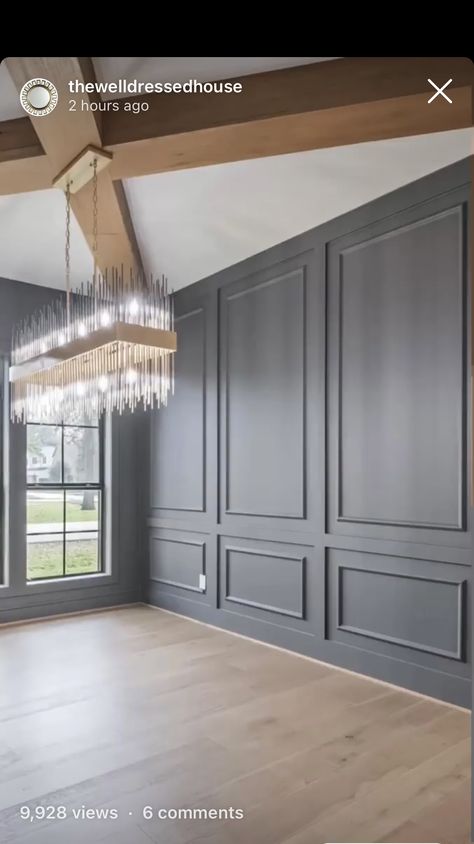 Walls With Square Molding, Accent Walls In Living Room Half Wall, Front Entry Wainscotting, Dining Room Wall Panel, Dark Waynes Coating Ideas, Wayne Scotting Walls Entryway, Waynes Coating Living Room Wall, Modern Waynes Coating, Wayne’s Coating Bedroom