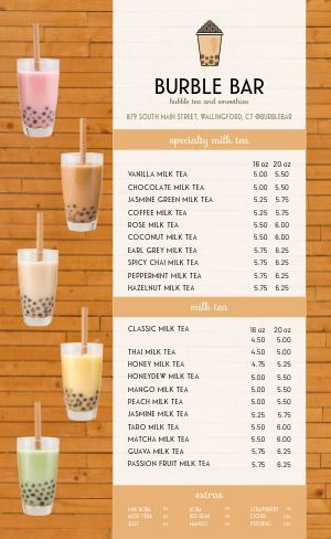 Es Boba, Honeydew Milk Tea, Bar Menu Design, Bubble Tea Design, Coconut Milk Tea, Juice Bar Menu, Bubble Tea Menu, Rose Milk Tea, Play Menu