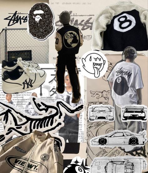 Streetwear Fashion Wallpaper, Streetwear Astethic Wallpaper, Mood Board Streetwear, Streetwear Magazine Design, Streetwear Fashion Moodboard, Streetwear Fashion Poster, Streetwear Fashion Collage, Stussy Drawing, Stussy Magazine