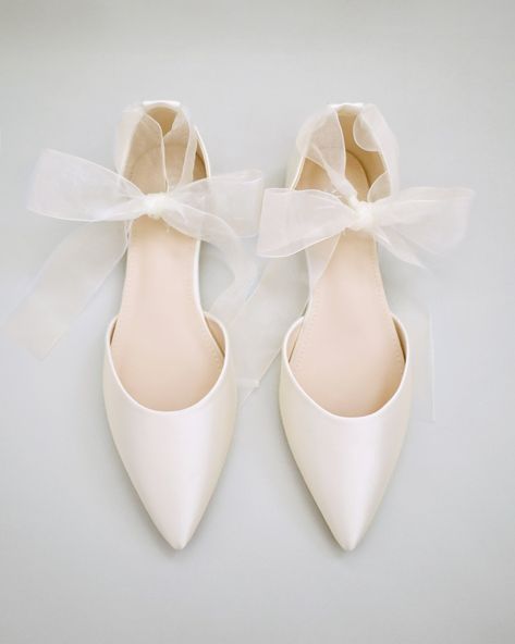 Satin pointy toe flats with satin ankle tie or ballerina lace up. Comfortable wedding shoes throughout ceremony and reception to dance the night away. *** YOU CAN ALSO CHOOSE STYLE OF ANKLE STRAP AT CHECKOUT*** DETAILS: UPPER: Synthetic upper and lining MATERIALS: Manmade outsole HEEL HEIGHT: 0.3" ORIGIN: Imported Wedding Flats With Bow, Wedding Ballerina Flats, Bridal Shoes Satin, Wedding Reception Shoes Dancing, Wedding Shoes No Heel, Short Wedding Shoes, Bride Flat Shoes, Bridal Flats Shoes, White Flats Wedding