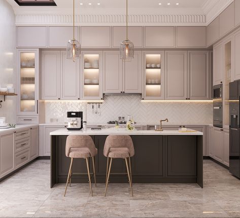 Neo-Classic Kitchen on Behance Classic Kitchen Design Luxury, Neo Classic Kitchen, Modern Classic Kitchen, Neoclassical Interior Design, Classical Kitchen, Classic Kitchen Design, Kitchen Interior Design, Kitchens Luxury, Modern Kitchen Interiors