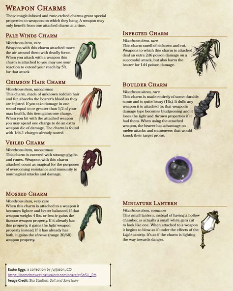 Weapon Charms, items to give weapons extra effects. Some Easter Eggs from Salt and Sanctuary. - Imgur Dnd Home Brew Items, Dnd Pirate Campaign, D&d Magic Items, Dnd Blacksmith, Dnd 5e Magic Items, Magic Items Dnd, Fantasy Items Art, Dnd Characters Character Concept, Dnd Homebrew Items