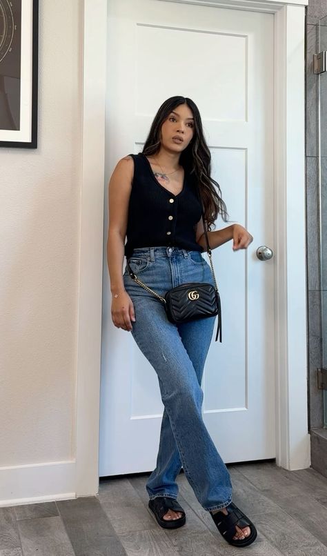 Slacks With Tennis Shoes Outfit, Work Outfits Women With Jeans, Wedges And Jeans Outfit, Jeans And Platform Sandals Outfit, Button Vest Outfits For Women, Jeans Sandals Outfit, Vest Outfits For Women Casual, Jeans With Sandals Outfit, Women Sandals Outfit