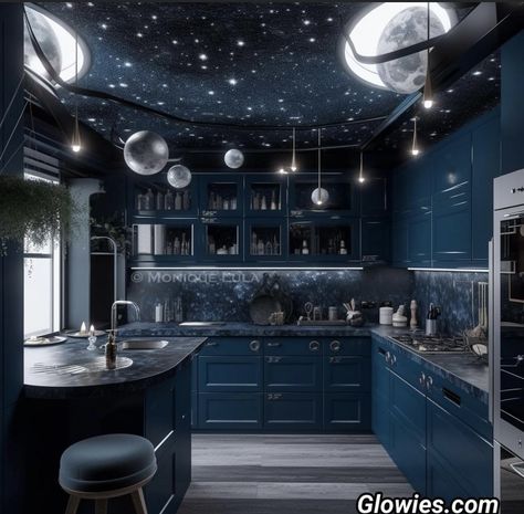 Celestial Bathroom Aesthetic, Galaxy Home Decor, Dark Blue Apartment Aesthetic, Galaxy Bathroom Ideas, Dark Blue Kitchen Ideas, Celestial Kitchen, Galaxy Kitchen, Fantasy Rooms, Space Kitchen