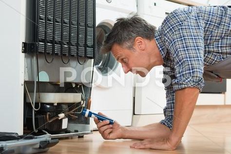 Side view of handyman checking refrigerator with flashlight at home Stock Photos #AD ,#handyman#checking#Side#view Fridge Repair, Refrigerator Repair, Double Door Refrigerator, Appliance Repair Service, Commercial Refrigerators, Commercial Appliances, Repair Guide, Appliance Repair, Washer And Dryer