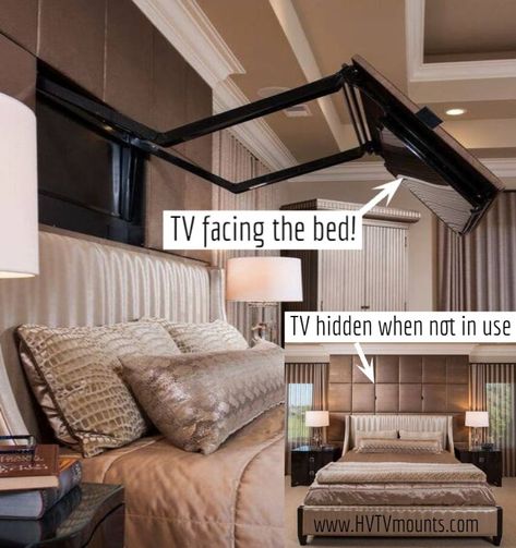 'M1' Extended Flip-Out for Built-in Application (Motorized) | HVTV Hidden Vision TV Mounts Diy Tv Mount, Mounted Tv In Bedroom, Mounted Tv Ideas Bedroom, Diy Tv Mounting, Tv Bed Frame, Bedroom Tv Stand, Mount Tv, Bedroom Tv Wall, Diy Dresser Makeover