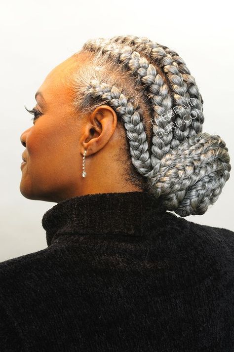 Braids curly hairstyle senior women Gray Braids For Black Women Silver Hair, Salt And Pepper Braids Black Women, Older Black Women Hairstyles Over 50, Braids For Older Black Women Over 50, Four Braids Cornrow, Black Braided Hairstyles Updos, Silver Hair Braids, Big Cornrow Braids, Black Braided Updo