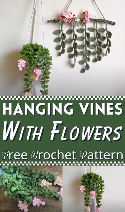 Crochet Hanging Vines With Flowers Crochet Patio Decor, Crochet Hanging Decoration Free Pattern, Crochet Flower Vines Free Pattern, Vines Crochet Pattern, Crochet Garden Decoration, Crochet Leaf Vine Free Pattern, Crochet Flower Wall Hanging, Crochet Vine Pattern, Vine Crochet Pattern