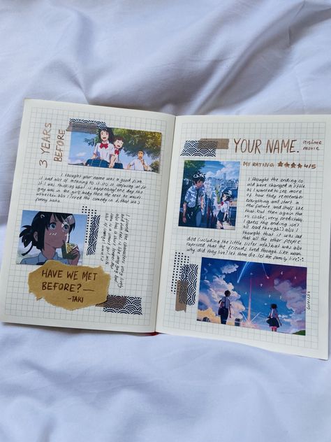 I actually loved your name. It’s one of my fav anime movies ^•^ #journal #anime #yourname Music Journaling, Notebook Inspiration, Journal Things, Kpop Journal, Bujo Ideas, Movie Theatre, Bullet Journal Aesthetic, Buku Skrap, Bullet Journal Notebook