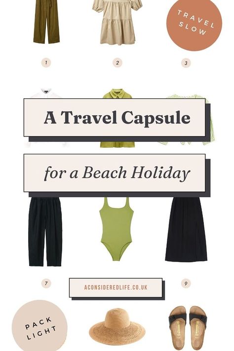 A 10-Day Beach Holiday Travel Capsule Capsule Holiday Wardrobe, 10 Day Travel Wardrobe Summer, Beach Vacation Capsule Wardrobe, Beach Holiday Wardrobe, Beach Capsule Wardrobe, Beach Capsule, Tonal Outfits, Big Sun Hat, Travel Capsule Wardrobe Summer