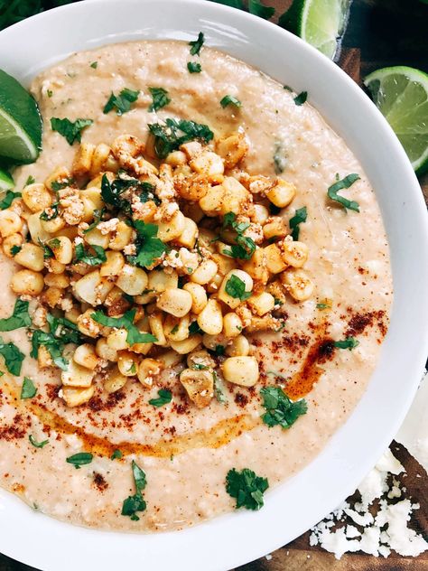 Mexican Street Corn Hummus Corn Hummus, Corn Cotija, Street Corn Salsa, Dip Vegetarian, Cheese Crescent Roll Recipes, Mexican Parties, Hummus Recipe Homemade, Sausage Gumbo, Healthy Mexican