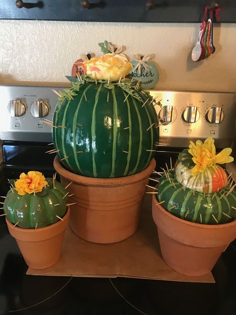 Pumpkin Cactus Painting, Best Decorated Pumpkins, Painted Pumkin Decoration Ideas, Cactus Pumpkin Decorating, Cactus Pumpkin Painting, Unique Painted Pumpkins, Mexican Pumpkin Painting, Painted Pumpkins Contest, Margarita Pumpkin Decorating