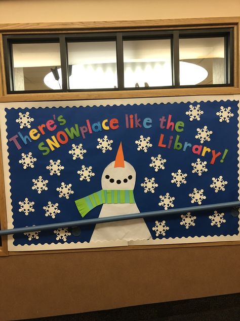 Snow Library, December Library Bulletin Board Ideas, Christmas Bulletin Board Ideas Library, December Library Bulletin Boards, Christmas Library Decor, Library Christmas Bulletin Boards, January Library Bulletin Boards, Winter Library Decorations, Winter Wonderland Library