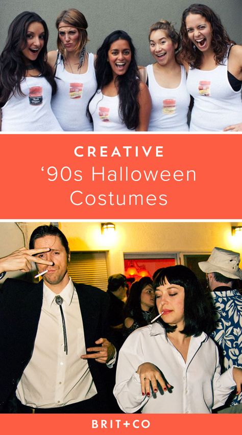 Bookmark these creative '90s DIY Halloween costume ideas. 90s Iconic Couples, 90s Icon Halloween Costume, Funny 90s Halloween Costumes, 90s Theme Couples Costume, Quinton Tarantino Costumes, 90s Inspired Halloween Costumes Women, 90's Custome Ideas, 90s Party Outfit Couples, Creative Character Costumes