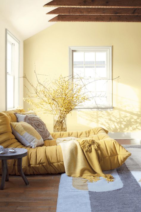 Benjamin Moore Colour of the Year 2022 - Claire Jefford Moonlight Benjamin Moore, Yellow Painted Rooms Bedrooms, Light Yellow Walls Bedroom Ideas, Pale Yellow Accent Wall, Pale Moon Benjamin Moore, Pastel Yellow Living Room, Benjamin Moore Yellow Paint Colors, Pale Yellow Bedroom, Yellow Accent Wall