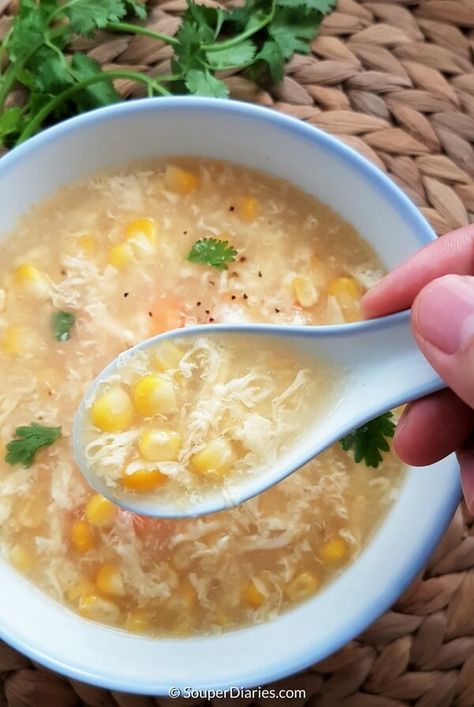 Chinese egg drop soup recipe with corn and prawns. Prep and cook in under 30 minutes! Simply delicious. Chinese Egg Drop Soup, Homemade Egg Drop Soup, Egg Drop Soup Recipe, Soup With Shrimp, Chinese Soup Recipes, Quick Soup, Chinese Egg, Egg Drop Soup, Egg Drop