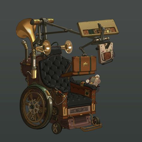 ArtStation - Steampunk chairs, HyeRim Hwang Steampunk Toymaker, Steampunk Vehicle Concept Art, Fantasy Wheelchair, Chair Concept Art, Steampunk Wheelchair, Steampunk Chair, Steampunk Lab, Steampunk Props, Steampunk Kitchen