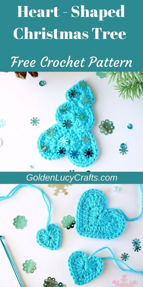 Using this Crochet Christmas Tree crochet pattern, you can make a wonderful little ornament to hang on your Christmas tree, add to your home décor, use for Christmas cards, photo albums, etc. Heart shaped Christmas tree, applique, Christmas ornament, free crochet pattern, DIY ornament, made from hearts, crochet projects for the home decor, holiday crochet, Christmas crafts, decorations, #christmascrochet, #christmasornaments, #crochetapplique, #crochetpattern Crochet Christmas Crafts, Diy Hearts, Christmas Tree Applique, Teen Diy, Tree Applique, Hearts Crochet, Crochet Christmas Trees Pattern, Tree Crochet, Crochet Christmas Tree