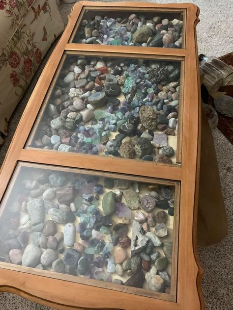 Collection Shelves, Crystal Collection Display, Rock Collection Display, Shadow Box Table, Shadow Box Coffee Table, Paint Stone, Rocks For Garden, Garden Rock Art, Stones Art