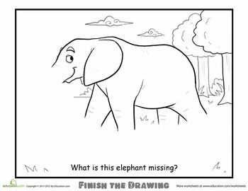 Worksheets: Finish the Drawing: What is this Elephant Missing? Elephant Worksheet, Finish The Drawing Worksheets, Finish The Drawing, Drawing Elephant, Labeling Activities, Creative Thinking Skills, Drawing Printable, Animal Worksheets, Elephant Face