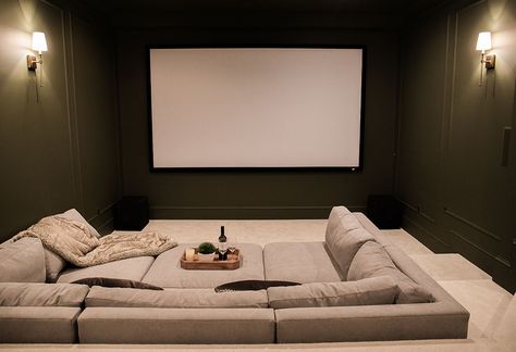 Aesthetic Media Room, Floor Seating Theater Room, Home Theater Pit Couch, Pit Sectional Sofa Movie Rooms, Green Cinema Room, Cellar Cinema Room, Green Theatre Room, Pit Couch Media Rooms, Green Theater Room