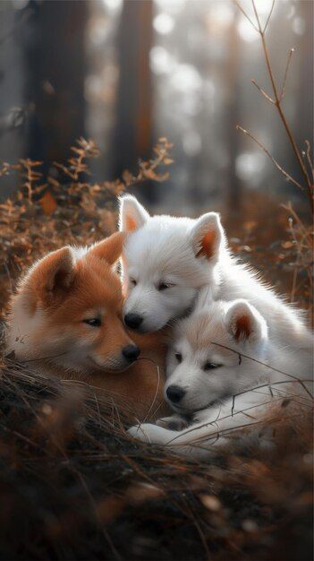 Photo three puppies are cuddled together... | Premium Photo #Freepik #photo Puppy And Bunny Together, Animals Sleeping Together, Puppies Sleeping Together, Dogs Hugging Each Other, Wolf With Pups, Logo Psd, Image Icon, Wallpaper Pictures, Card Banner