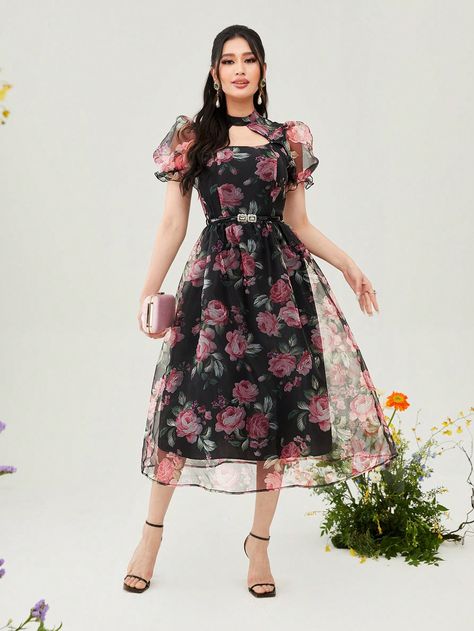 Multicolor Elegant Collar Short Sleeve Organza Floral,All Over Print A Line Embellished Non-Stretch  Women Clothing