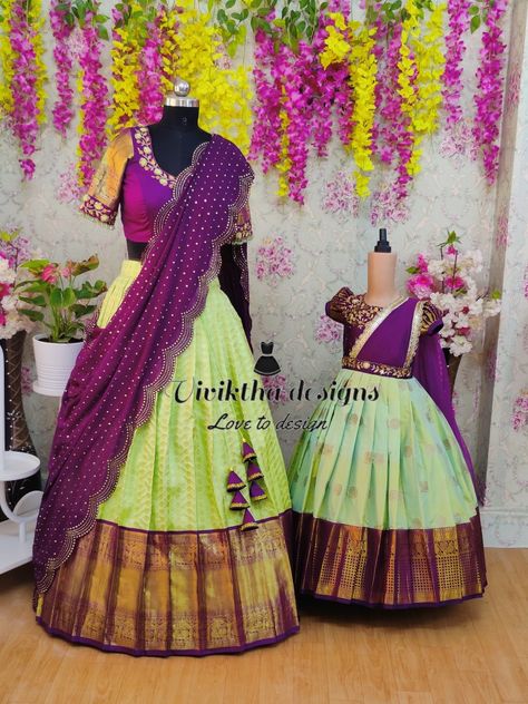 Customizedmom and daughter ethnic ensemble #momanddaughtermatchingoutfits #couplegoals #momanddaughtertwinning #birthdaydresses #momandsongoals #kidsdesigns #kidsdesigners #kidscouture #kidsfashion #kidsdesignsbyviviktha Mom And Daughter Half Saree, Mom Daughter Lehenga Combo, Mother Daughter Dresses Matching Wedding, Mom And Daughter Dresses Indian Saree, Mom And Daughter Dresses Indian Birthday, Family Twinning Outfits Indian, Mom Daughter Matching Dresses Indian, Mom And Daughter Same Dress, Mother And Daughter Dresses Indian