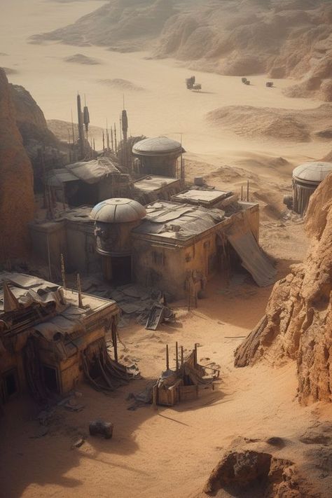 Sci Fi Desert Concept Art, Sci Fi Wasteland, Scifi Desert City, Scifi Environment Concept Art, Scifi Wasteland, Sci Fi Colony, Sci Fi Building Concept Art, Desert Sci Fi, Dune Environment