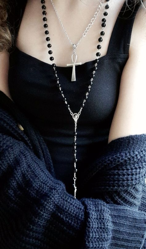 #gothic #cardigan #rosary #ankh #ankhnecklace #rosarybeads #casualgoth #oversizedcardigan #necklaces #gothicoutfit Rosary Aesthetic Outfit, Rosary Necklace Outfit, Rosary Jewelry Aesthetic, Rosary Outfit, Rosary Aesthetic Dark, Gothic Rosary Aesthetic, Rosary Aesthetic, Gothic Cross Necklace Aesthetic, Gothic Rosary