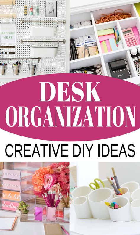 Collage of diy desk organizers and organization ideas. Organised Office Desk, Binder Organization Ideas For Work, Desk Tidy Diy, Desk Organizatin, Recycled Desk Organizer Diy, Kids Desk Organization, Diy Wood Desk, Wooden Desk Orginizer, Girl Desk