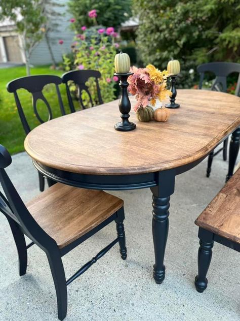 Kitchen Table Black And Wood, Round Dining Table Refurbish Ideas, Refinished Circle Kitchen Table, Upcycled Farmhouse Table, Refinished Kitchen Table Black And Wood, Light Wood With Black Accents, Refurbished Round Dining Table, Updating Dining Room Table, Refinished Kitchen Table Ideas