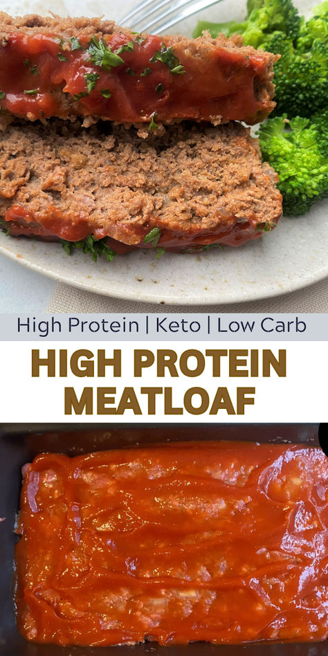 Our low-carb and high-in-protein old-fashioned meatloaf recipe is deliciously flavorful, tender and juicy, and so easy to make! It's made with traditional ingredients like ground beef, diced onions, egg, and seasonings. To make it low in carbs, we use store-bought sugar-free ketchup and ground pork rinds. Meatloaf Recipe Easy, High Protein Low Carb Meal Prep, Slow Carb Recipes, High Protein Recipes Dinner, Meatloaf Recipes Healthy, Low Carb Meatloaf, Low Carb Meats, Beef Meatloaf, Classic Meatloaf Recipe