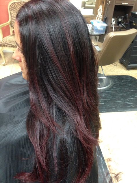 4RV ombré into ruby red. Maroon On Brown Hair, Wine Colour Highlight, Red Colour Highlights For Black Hair, Ruby Wine Hair Color Highlights, Dark Brown Hair With Red Highlights Straight, Ruby Wine Highlights, Black Hair With Deep Red Highlights, Red Wine Highlights On Brown Hair, Ruby Wine Hair Color On Black Hair