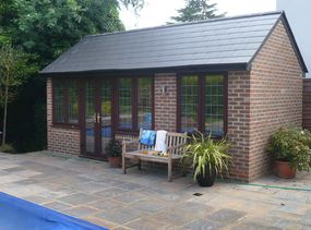 Bespoke Pool houses with shower and WC. - Custom Built Garden Rooms, Cabins and Timber Buildings Brick Garden Office Ideas, Brick Summer House, Pool House Changing Room, Brick Pool, Outbuilding Ideas, Garden Buildings Cabins, Fachada Exterior, Brick Shed, Sheds Ideas