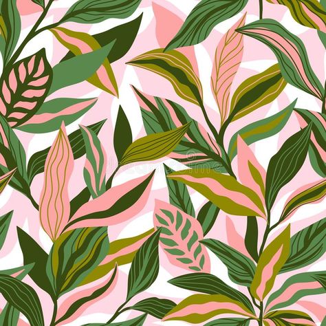 Tropical leaves hand drawn seamless pattern. Botanical trendy design in pink and green colors. Vector repeating design for fabric,. Wallpaper or wrap papers stock illustration Tropical Leaves Illustration, Tropical Prints Pattern, Autumn Leaves Wallpaper, Blush Wallpaper, Tropical Leaves Pattern, Leaves Illustration, Textile Prints Design, Prints Design, Leaves Vector