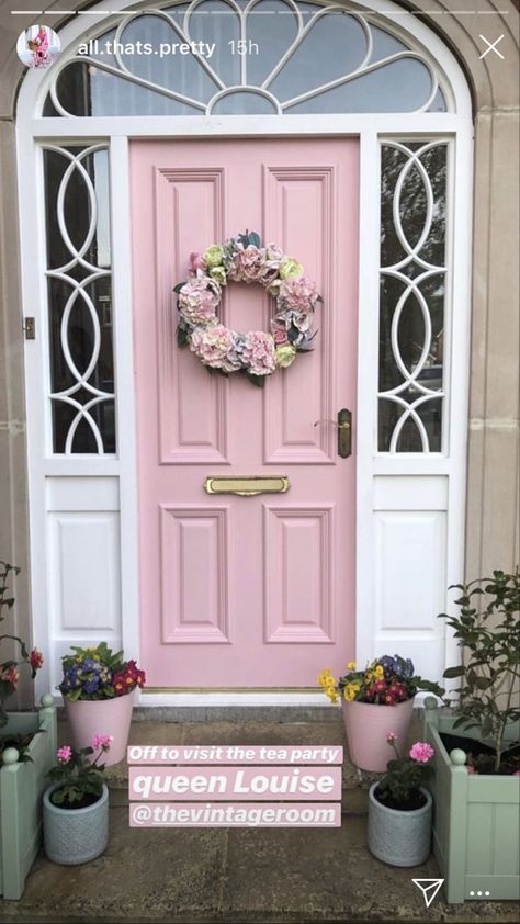 https://pin.it/7hEblYj Pink Back Door, Rose Pink Front Door, Gray House With Pink Front Door, Cream And Pink House Exterior, Light Pink Door Exterior, White House With Pink Door, Pink Door House, Pink Front Door Tan House, Pink And Green House Exterior