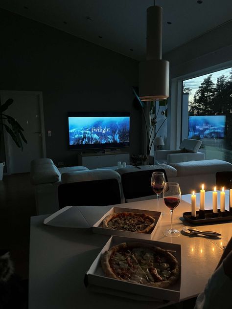 Pizza, wine, dinner Couple Movie Night Aesthetic, Twilight Movie Night, Wine Night Aesthetic, Couples Movie Night, October Moodboard, Pizza And Wine, Date Night Movies, Movie Night Dinner, Wine And Pizza