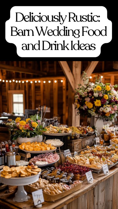 Rustic barn wedding food and drink spread with hearty dishes, sweet treats, and refreshing beverages for a countryside celebration. Picnic Wedding Food Ideas, Farm Theme Wedding Ideas, Food For Outdoor Wedding, Cheap Wedding Food Ideas Diy, Camping Wedding Food, Rustic Charcuterie Board Ideas, Wedding Menus Ideas Food, Bbq For Wedding Reception, Inexpensive Wedding Food Ideas