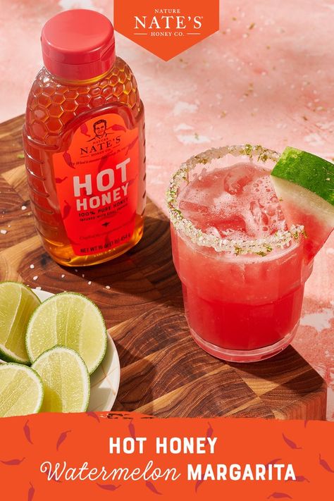 Bourbon Watermelon Cocktail, Hot Honey Margarita, Hot Honey Cocktail, Sweet And Spicy Cocktail, Spicy Watermelon Margarita, Guava Margarita, Watermelon Tequila, Spicy Watermelon, Honey Cocktail