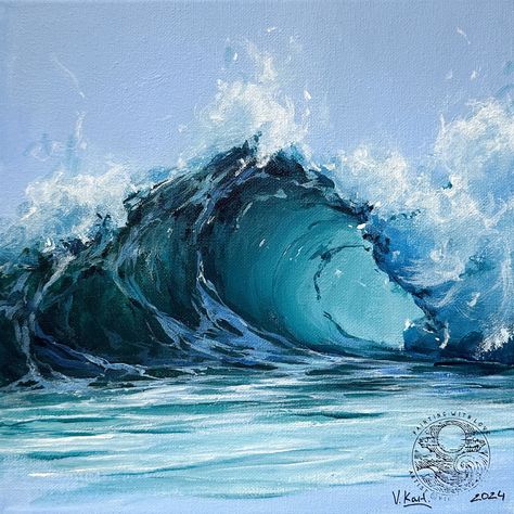 On an 10 by 10 inch canvas, there is a summer turquoise wave against a blue sky background. This painting captivates with its beauty and tranquility, embodying the summer season and the freshness of the sea breeze. The turquoise wave is depicted with soft, smooth curves, giving it a picturesque appearance. The blue sky background creates a sense of endless summer day. This painting will be a beautiful addition to any interior, reminding of the beauty and tranquility of the sea in the summer. Paintings With Blue Backgrounds, Painting Ideas Blue, Wave Acrylic Painting, Blue Ocean Painting, Surf Painting, Waves Painting, Ocean Waves Art, Ocean Waves Painting, Beach Art Painting