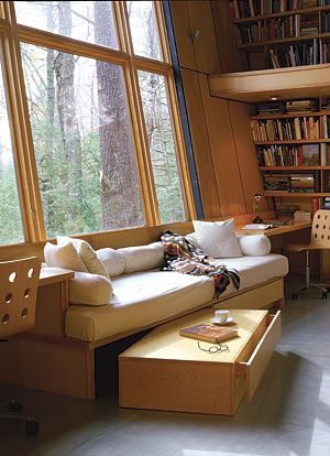 Window Seats - Fine Homebuilding Lounge With Window Seat, Custom Built Couch, Build In Couch Living Room, Hidden Seating Living Room, Built In Sofa Living Room Window Seats, Built In Couch Living Room With Storage, Diy Built In Sofa, Built In Sofa Bed, Built In Sofa With Storage