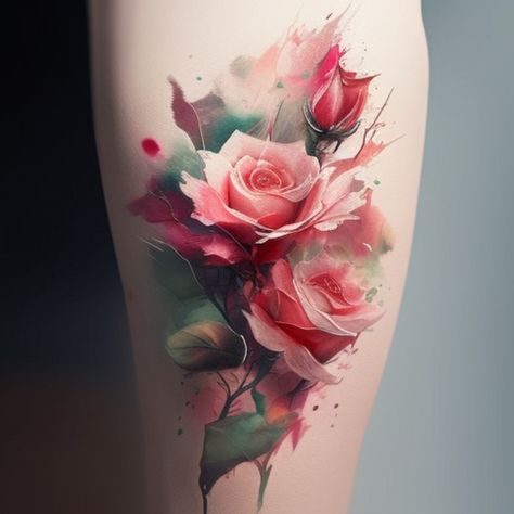 watercolor ROSES tattoo 01 Pink Roses Tattoo, Watercolour Rose Tattoo, Purple And Red Rose Tattoo, Flower For June, Watercolor Rose Tattoo, 3d Rose Tattoo, Month Flower Tattoo, Black Rose Watercolor Tattoo, Multicolored Rose Tattoo